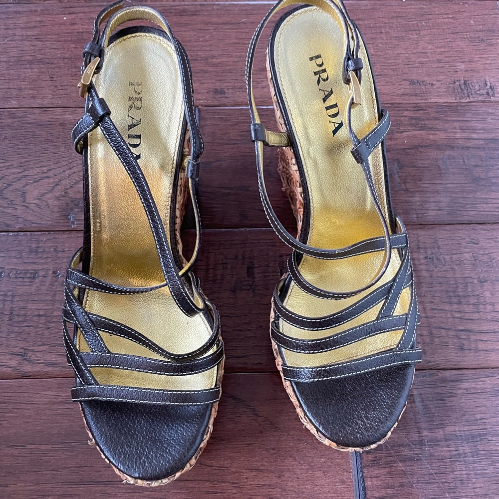 Prada wedge dark brown straps wicker